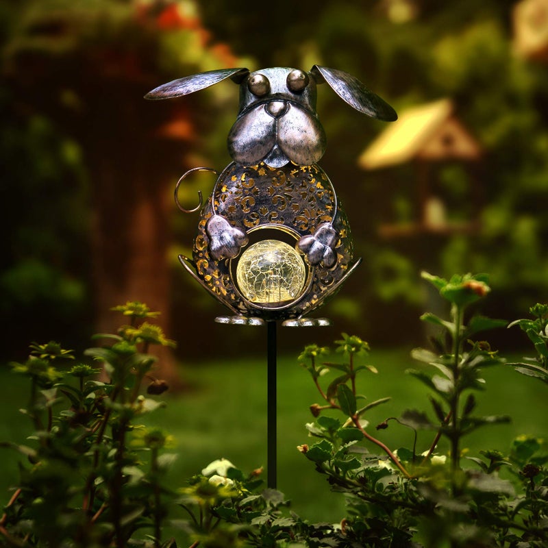 KAIXOXIN Garden Solar Lights Metal Dog Crackle Glass Globe Stake Light,Waterproof Warm White LED Solar Path Lights (Dog-Bronze) - Image 4
